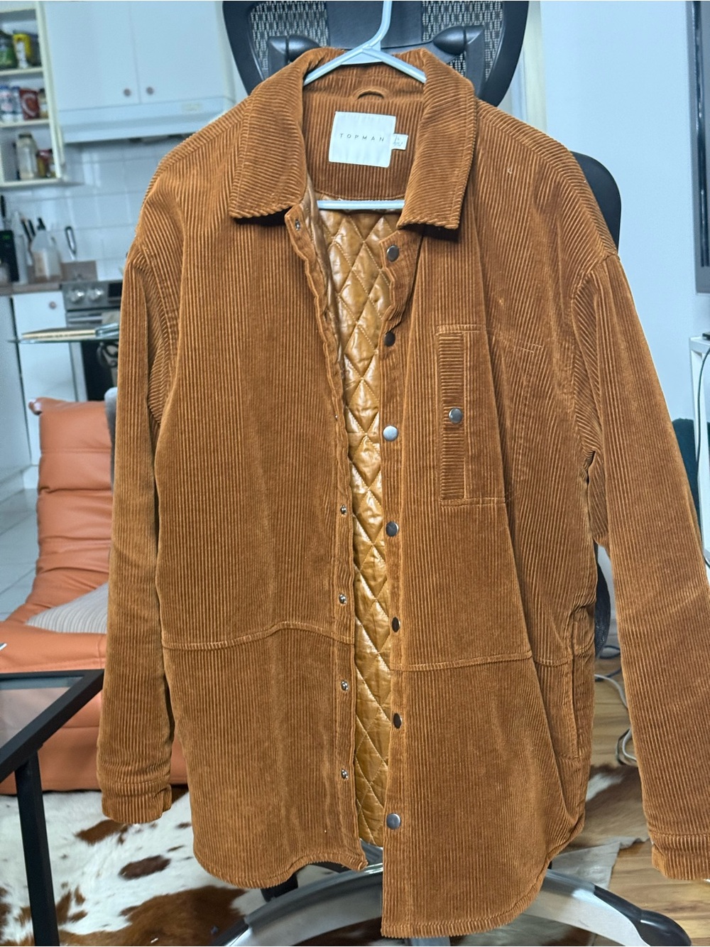 Topman Rust Brown Corduroy Quilted-Lined Shirt Jacket